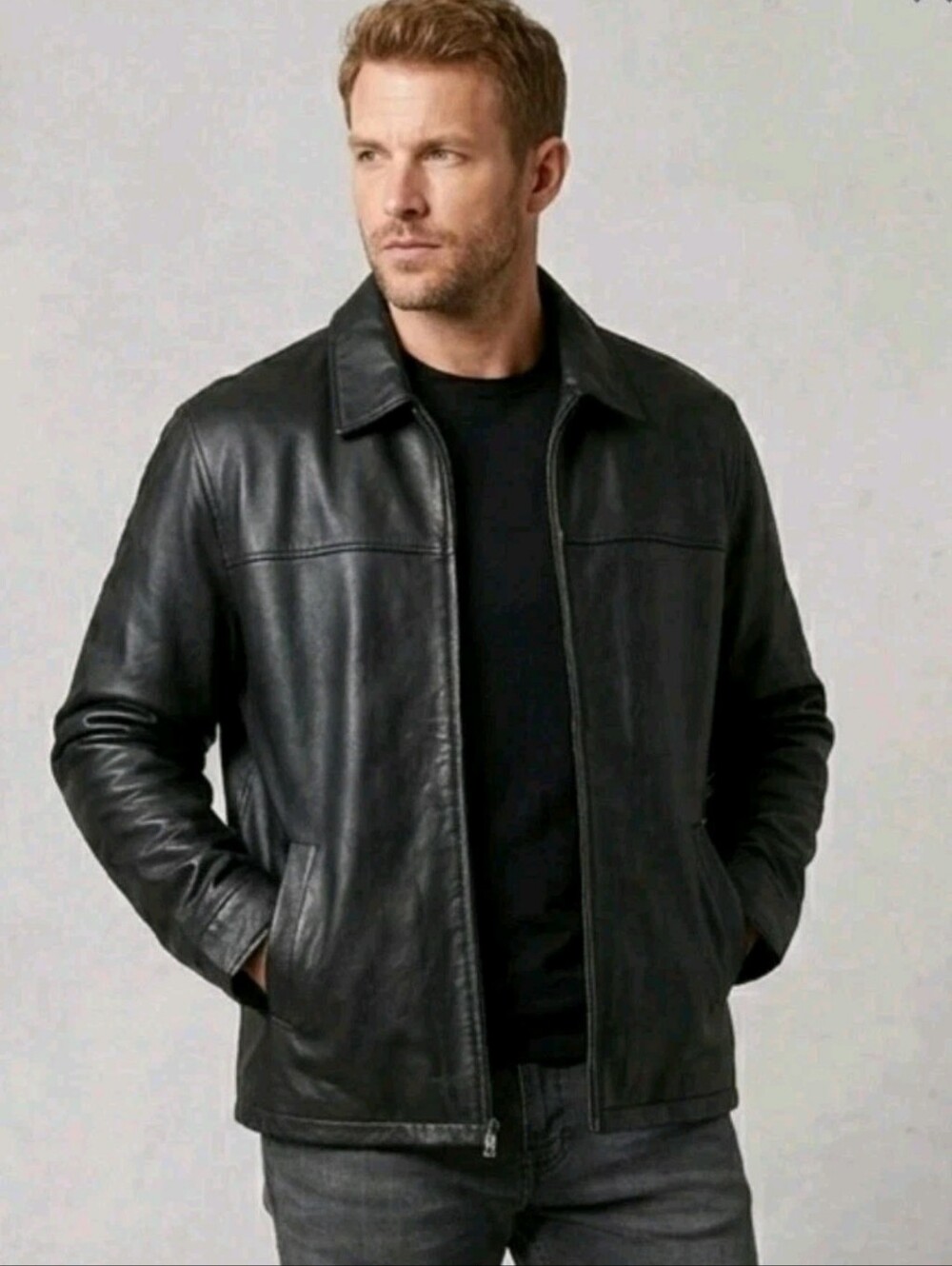 Y2k St Johns Bay Leather Jacket Mens Black Bomber Full Zip Coat Motorcycle 2XL